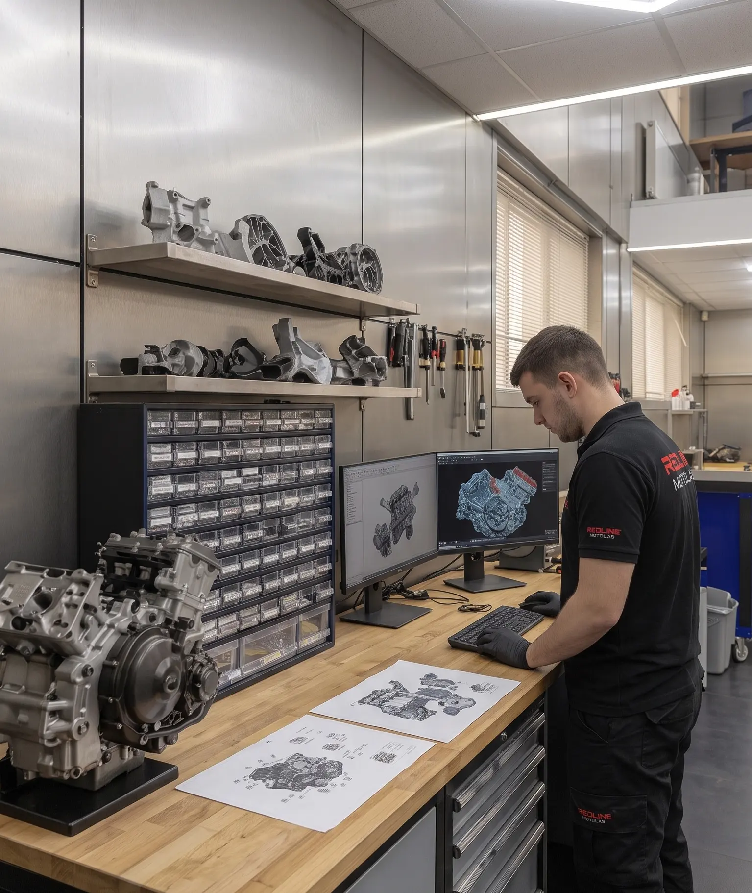 Technician at the Redline MotoLab diagnostics bench working on motorcycle engine components in Croydon