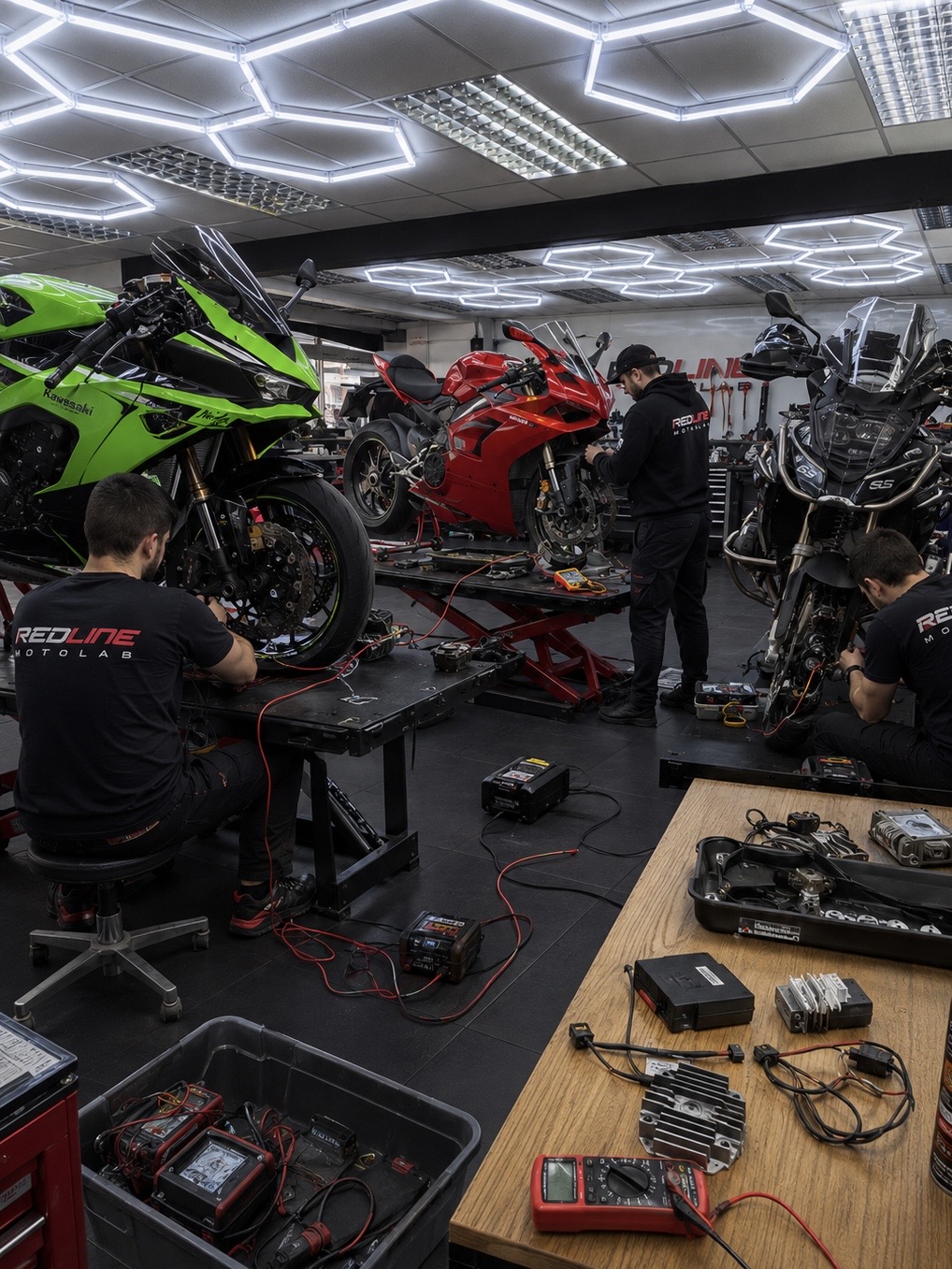 Redline MotoLab technicians working on Kawasaki Ninja, Ducati Panigale and BMW GS motorcycles in the Croydon workshop