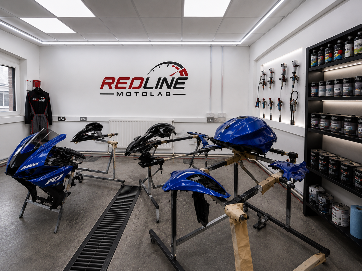 Redline MotoLab paint and bodywork bay with Yamaha R1 panels prepared for refinishing in Croydon