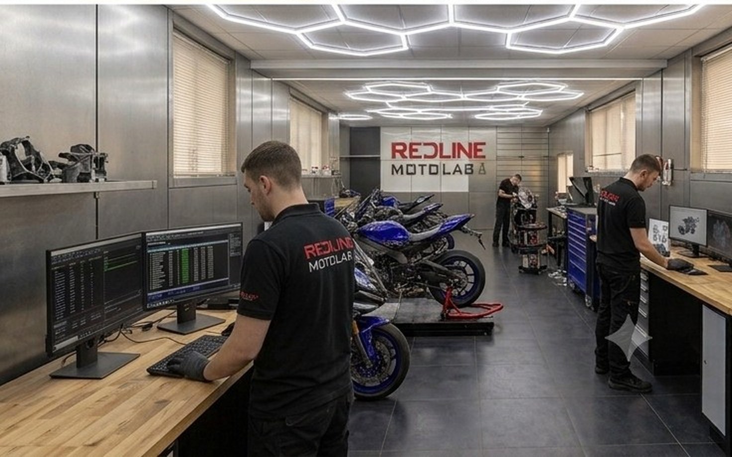 Motorcycle engine components on the workbench during a rebuild at Redline MotoLab in Croydon