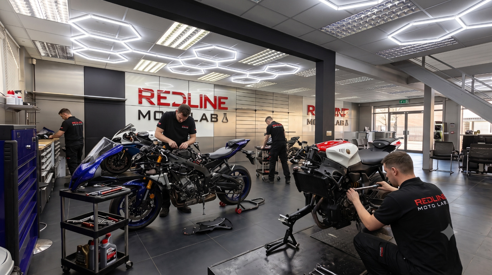 Redline MotoLab technicians servicing superbikes inside the Croydon workshop